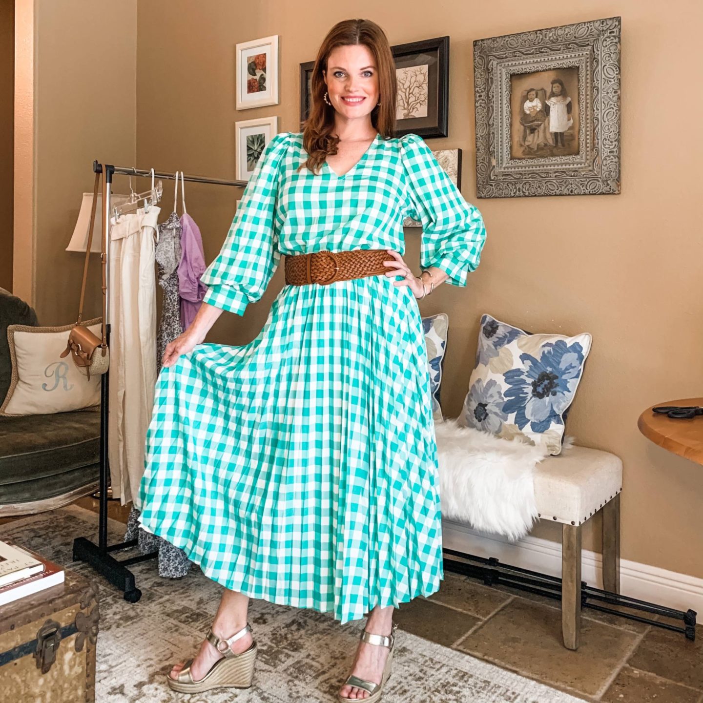 Green gingham top and skirt styled with wide belt