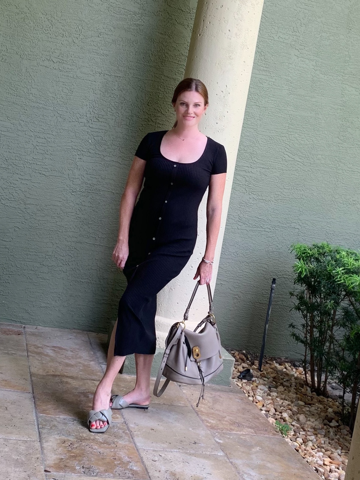 black knit ribbed button front dress