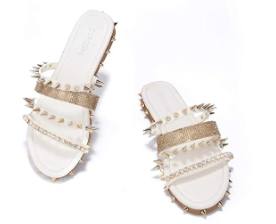 white and gold rock star studded mules