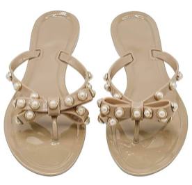 nude bow sandals with pearl details